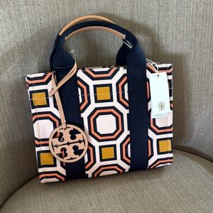 Tory Burch Geometric Pattern Mini Tote Bag - Navy and Ballet Pink.